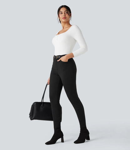 Rosaura, pantalones de trabajo ajustados de talle alto con tejido de espiga y bolsillos