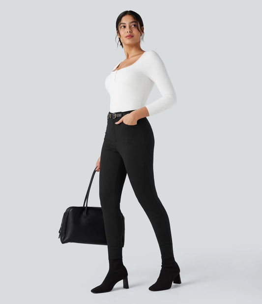 Rosaura, pantalones de trabajo ajustados de talle alto con tejido de espiga y bolsillos