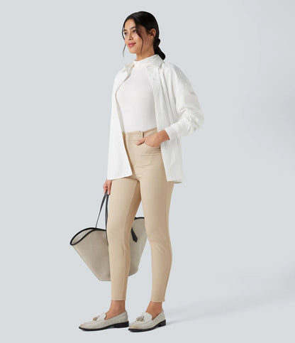 Rosaura, pantalones de trabajo ajustados de talle alto con tejido de espiga y bolsillos